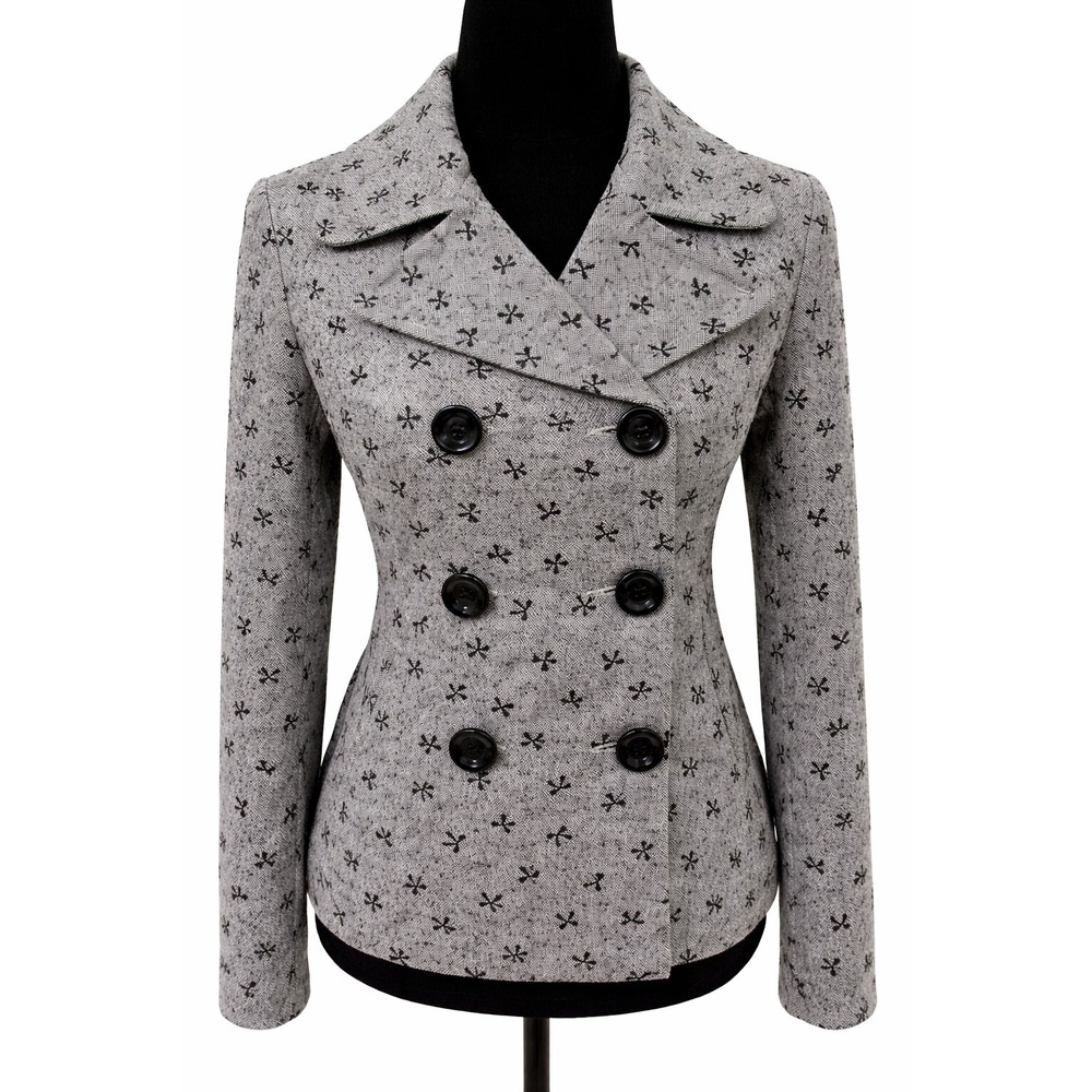 Needle & Thread Womens Double Breasted Blazer Jacket Small Gray Check Bow Print